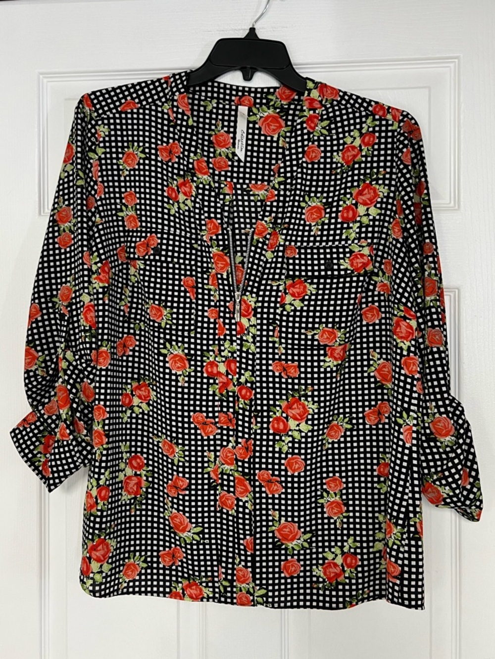 NY Collection Black Gingham Blouse with Red Rose Print
